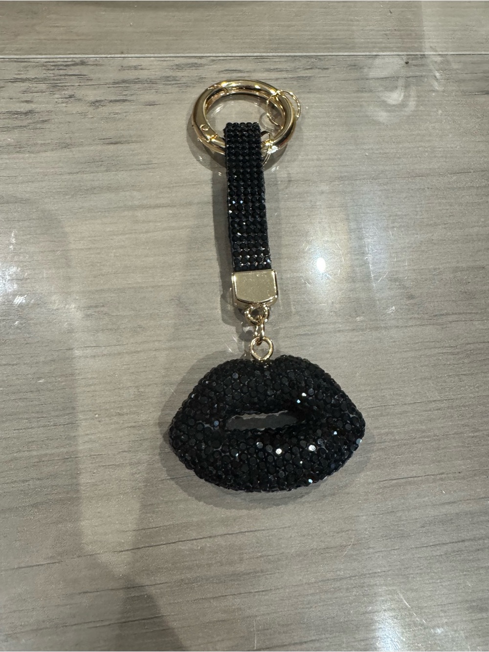 Black Crystal Lip Keychain with Gold Hardware